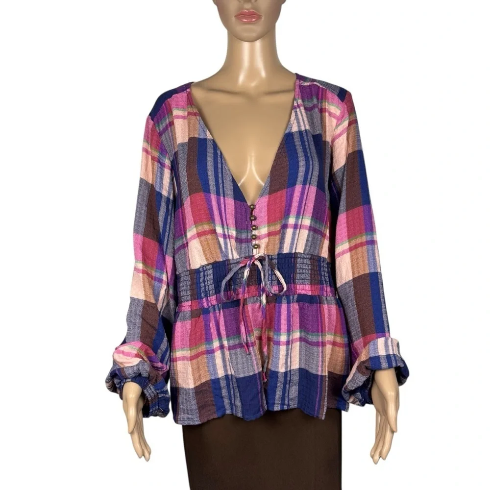 NWT New $98 Pilcro Plaid Deep-V Blouse Size XL